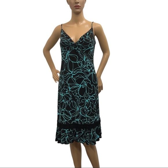 Vtg Tadashi 2000s Dress S Black Midi Floral Ric Rac Lace V Neck Spaghetti Straps - Picture 2 of 12